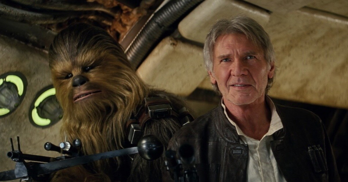 Han Solo and Chewbacca return to the Millennium Falcon in "Star Wars: The Force Awakens."