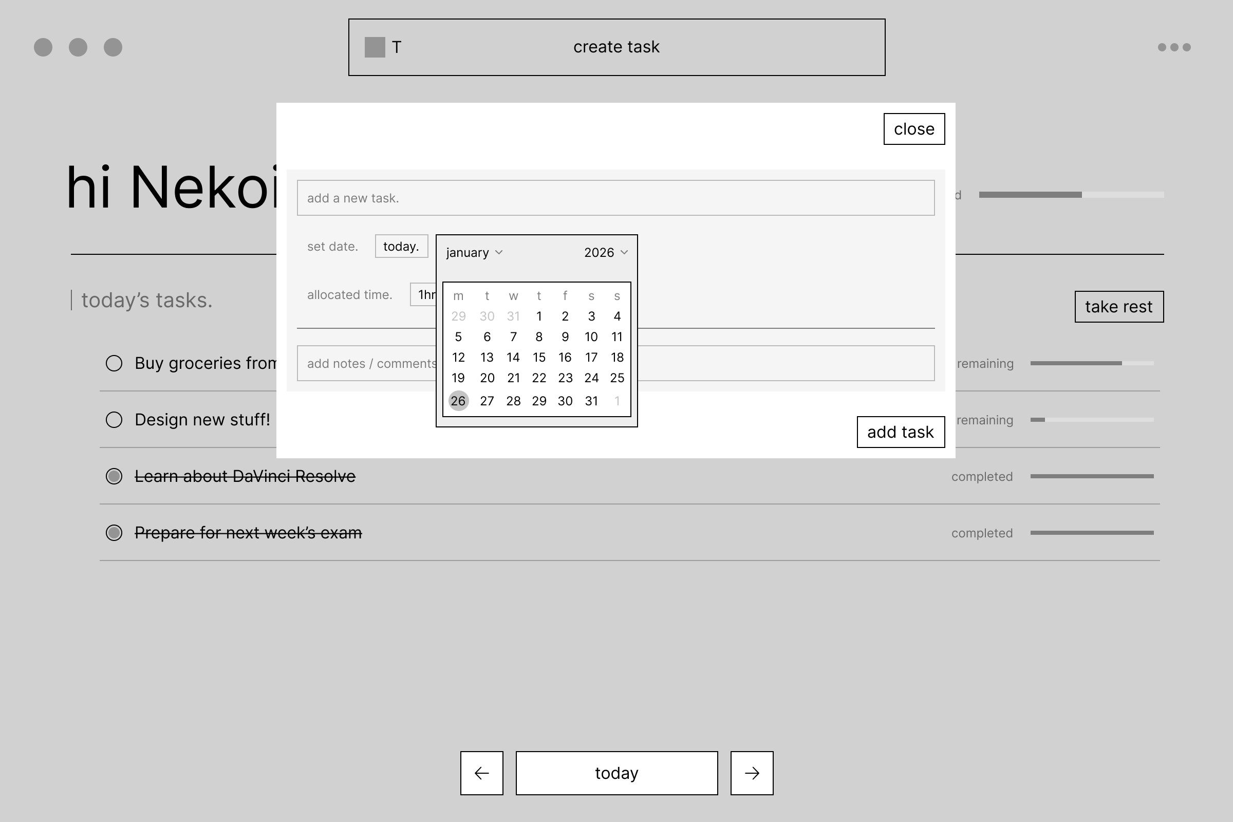 Digital wireframe showing date selector