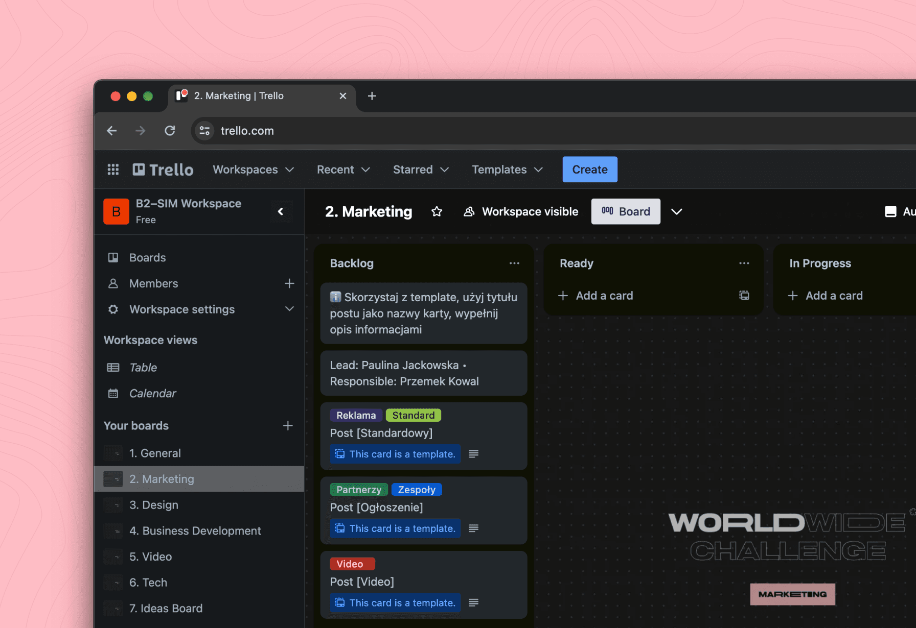 Trello board for B2-SIM marketing workspace showing backlog and task organization, with Przemek Kowal as the responsible lead.