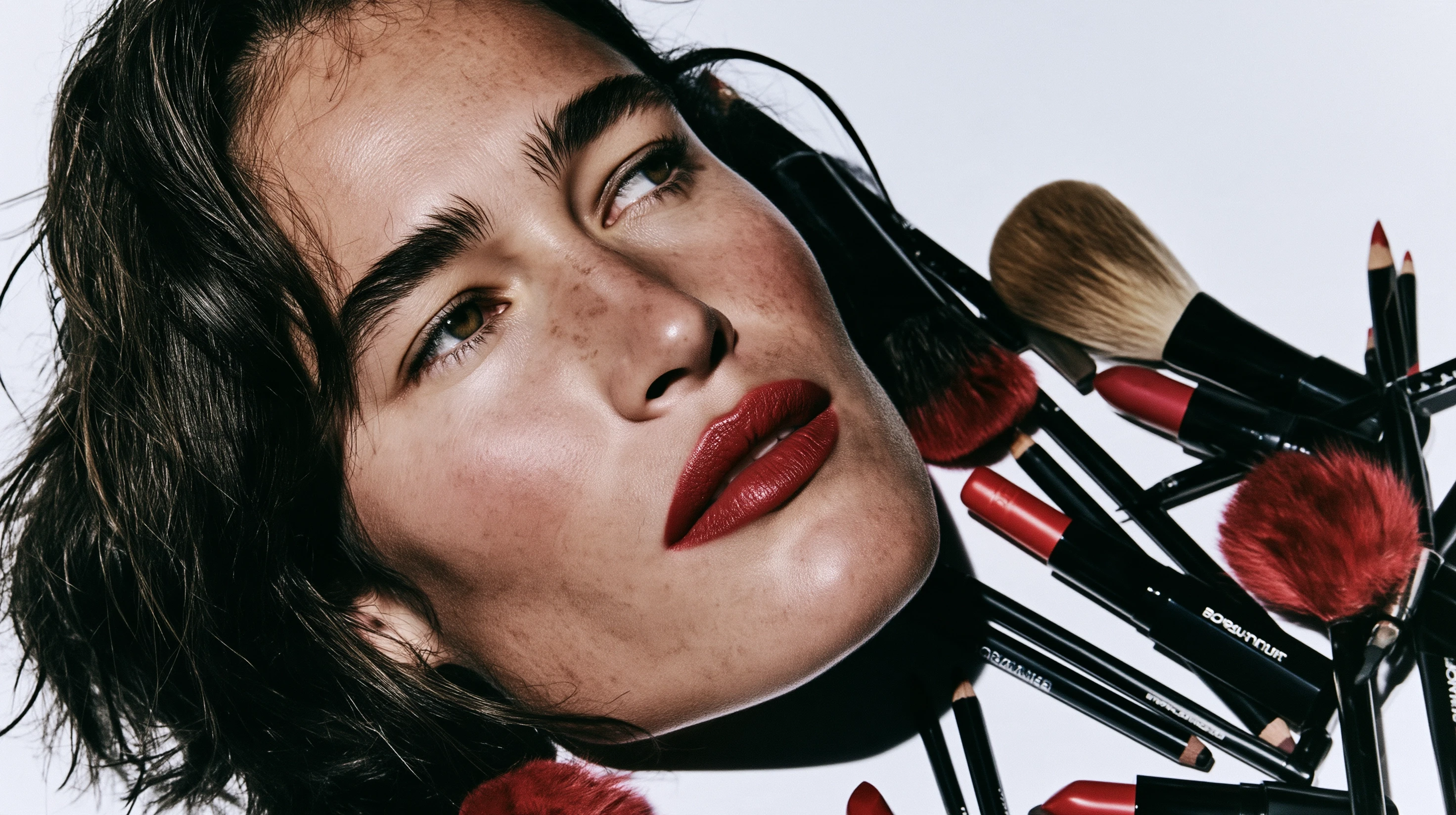 Close-up of a woman looking upward with red lipstick, beside black makeup pencils, lipsticks, and brushes.