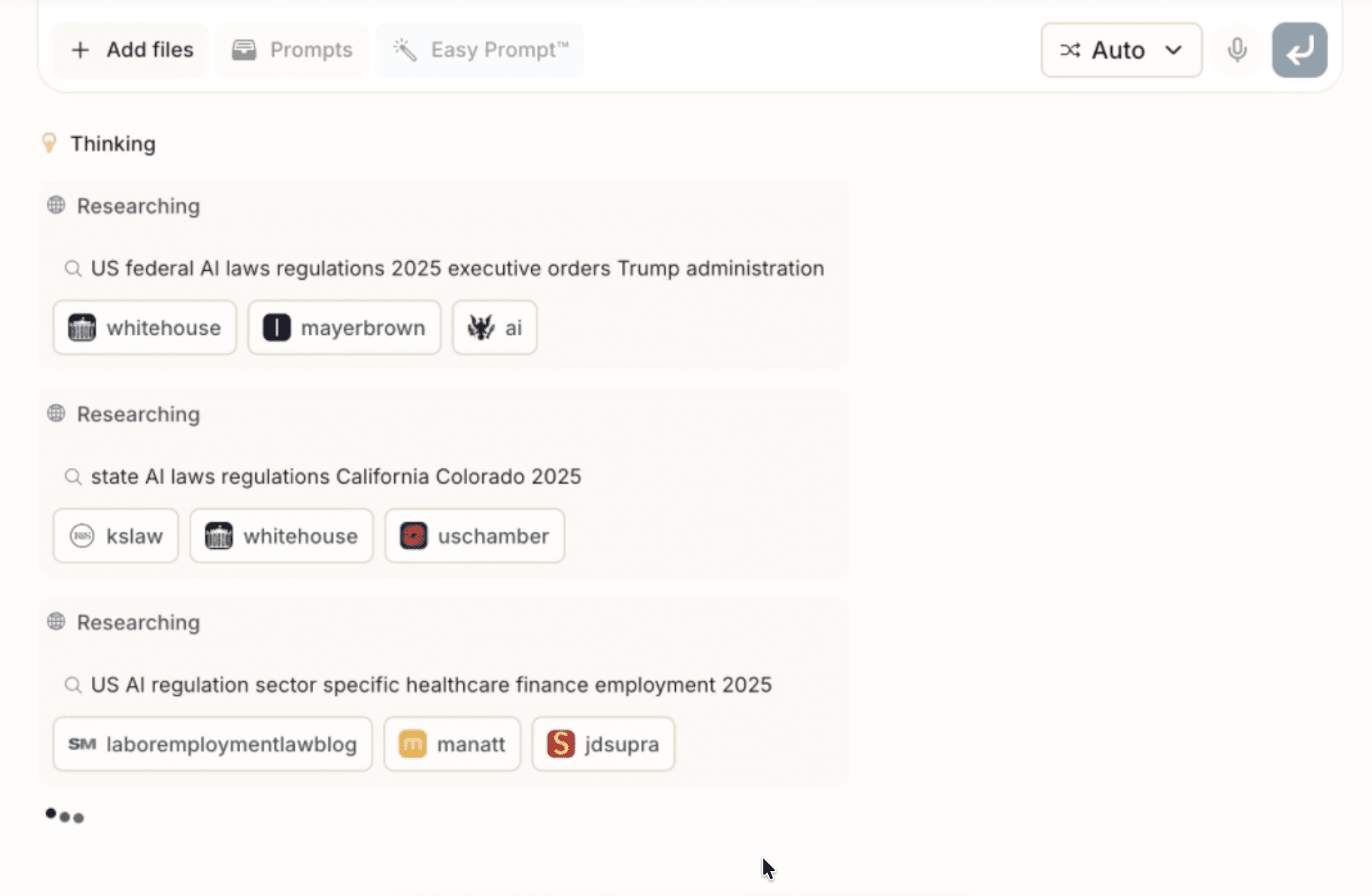GC AI "thinking" state, researching from websites pulled from the internet