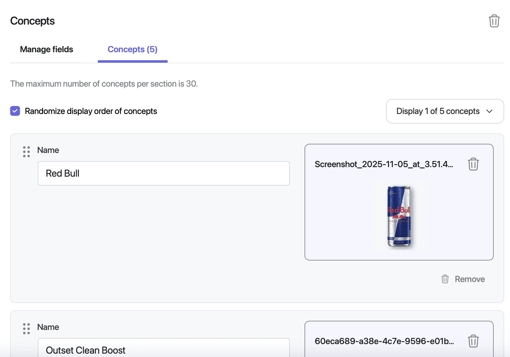 Interface for setting up concept testing with randomized display order and uploaded stimuli