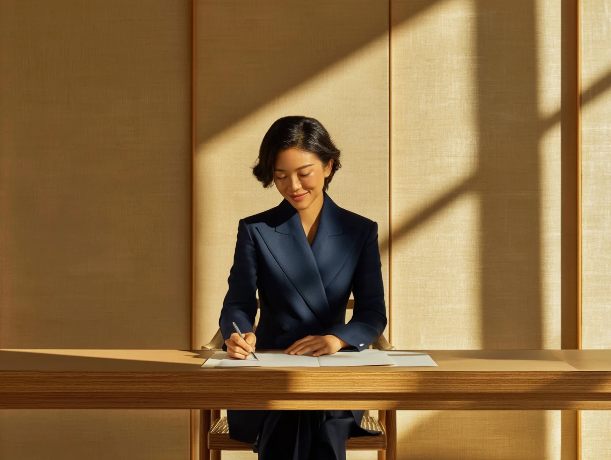 Elegant woman writing at a desk in a minimalist luxury interior.
