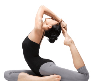 A woman in a black tank top and gray leggings performs an advanced yoga pose, emphasizing wellness as she stretches her back, arching gracefully backward while holding her foot with both hands. Her hair is tied back in a bun, reflecting her commitment to health and focus.