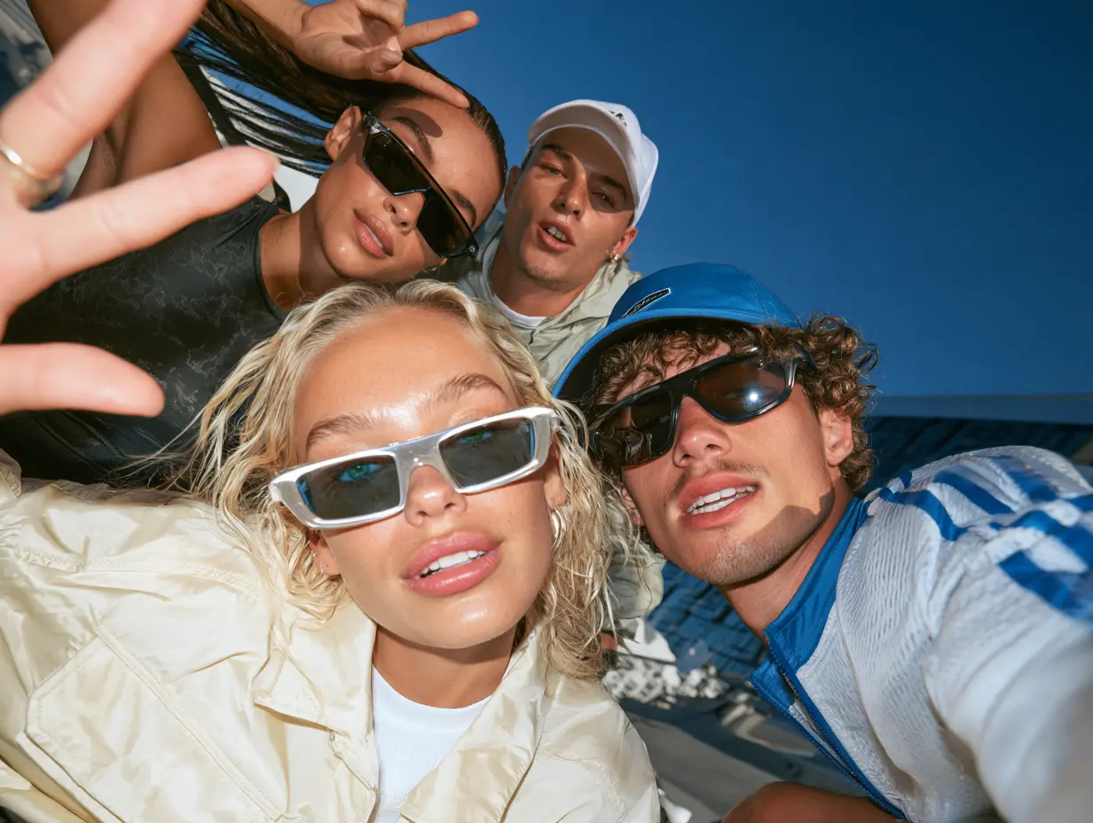 Low-angle group selfie of four friends in designer sunglasses and streetwear under a blue sky, premium lifestyle fashion