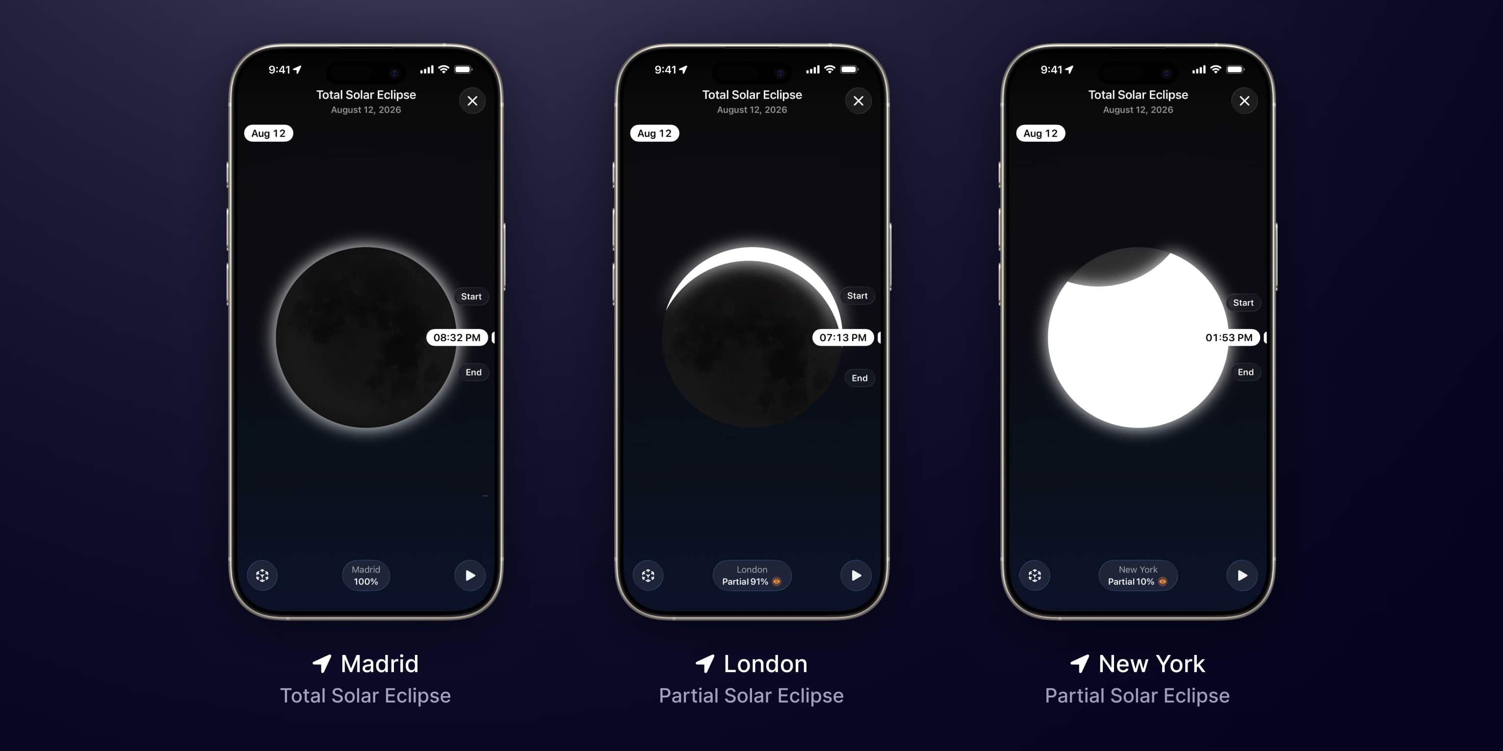 Map page of Moonlitt App. Annular Solar Eclipse 17 February 2026