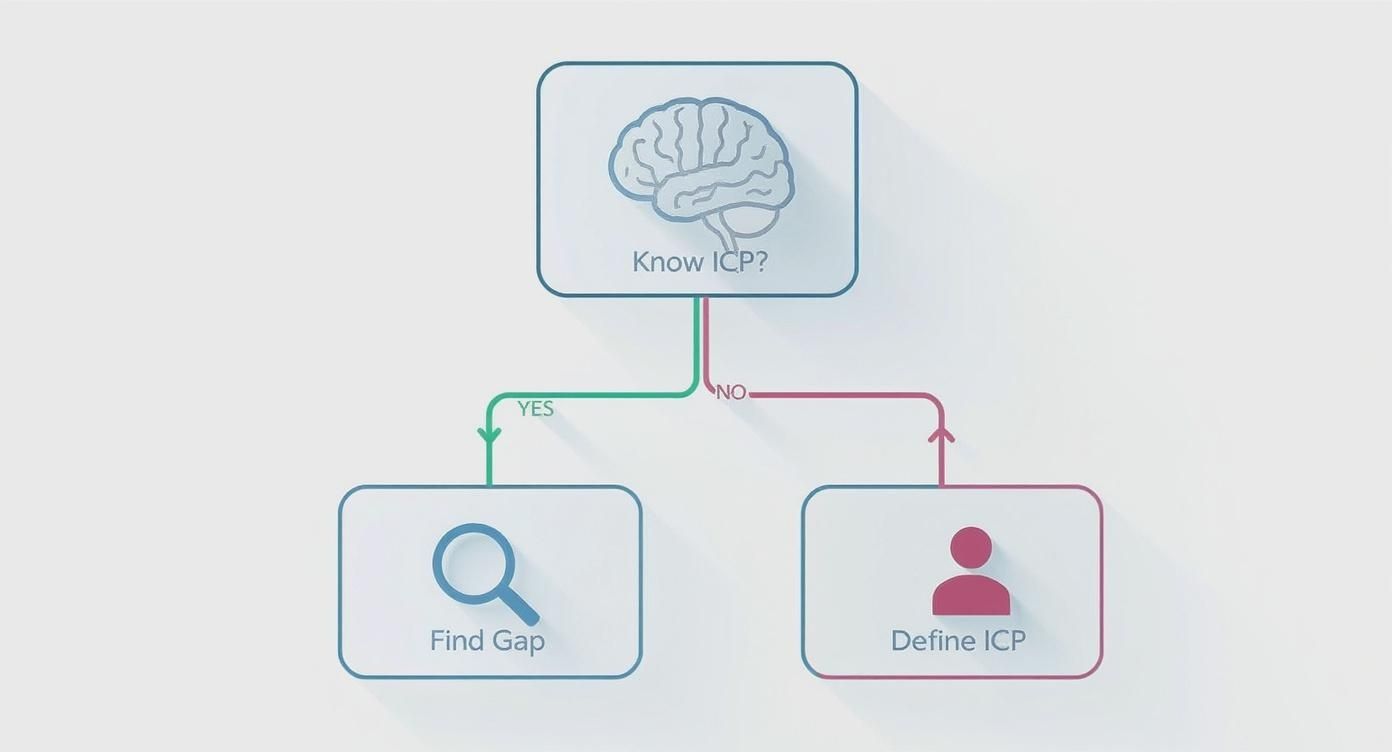 Flowchart diagram showing decision tree for identifying and defining ideal customer profile with brain icon