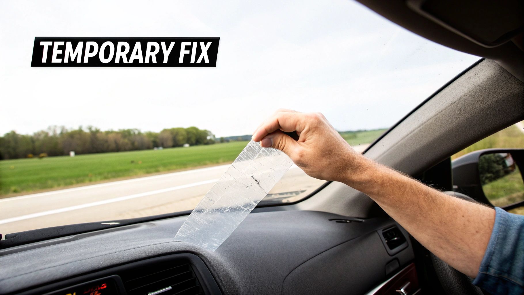 A person's hand applies clear tape over a car's dashboard, suggesting a temporary windshield crack fix.
