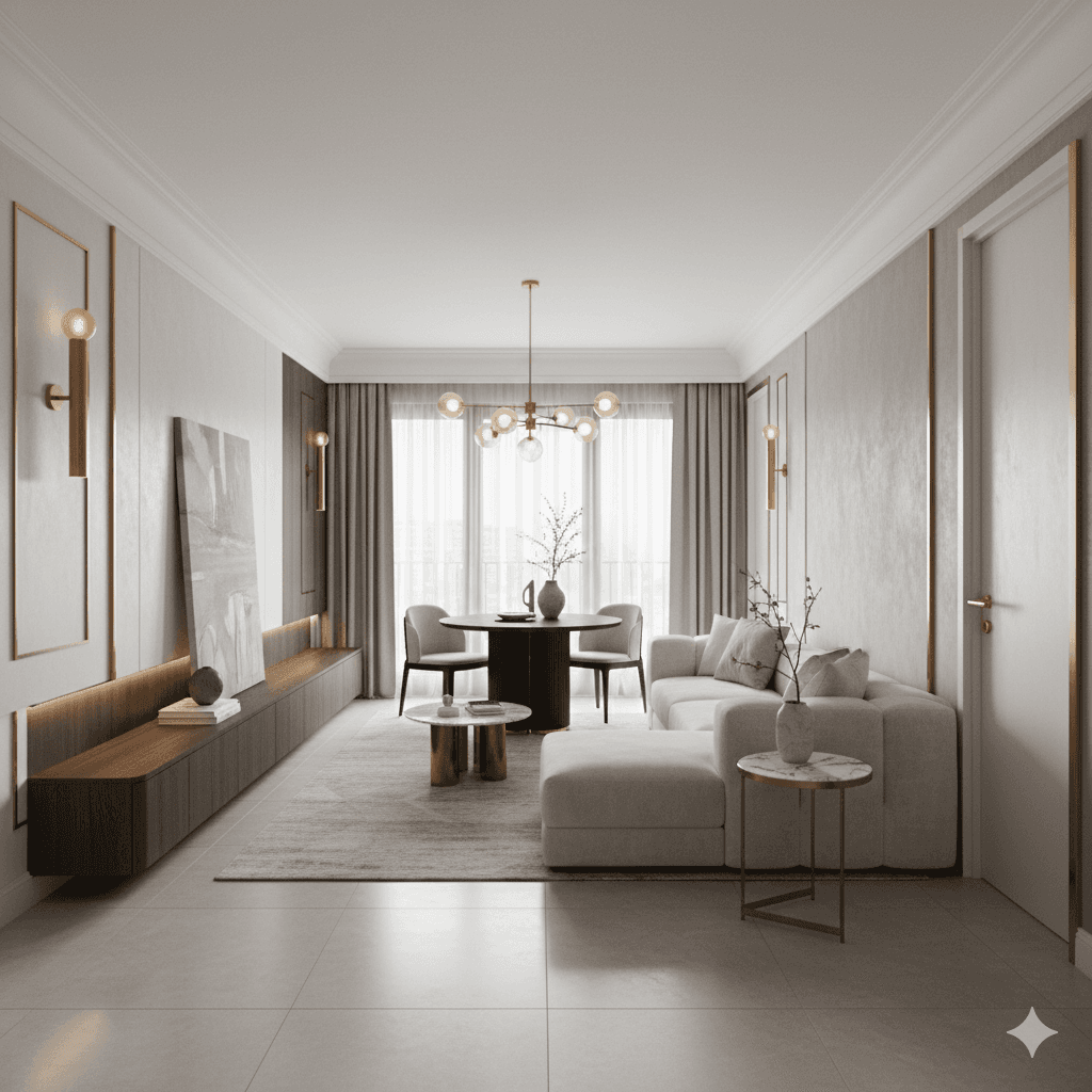 Designer living room interior, modern fittings, luxury apartment Gurugram.