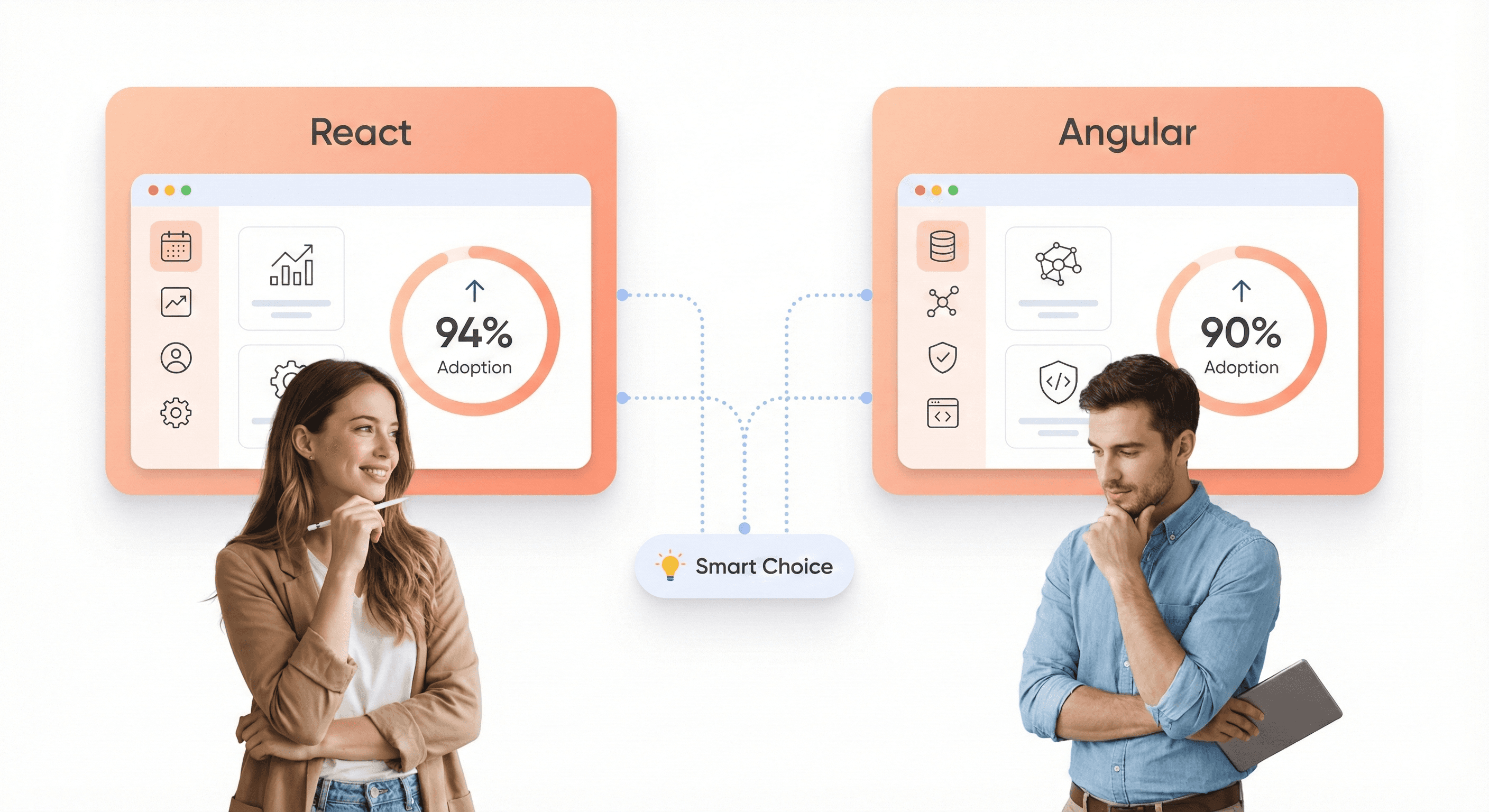 Comparison of React and Angular SaaS dashboards showing adoption data and framework trade-offs for frontend decision-making