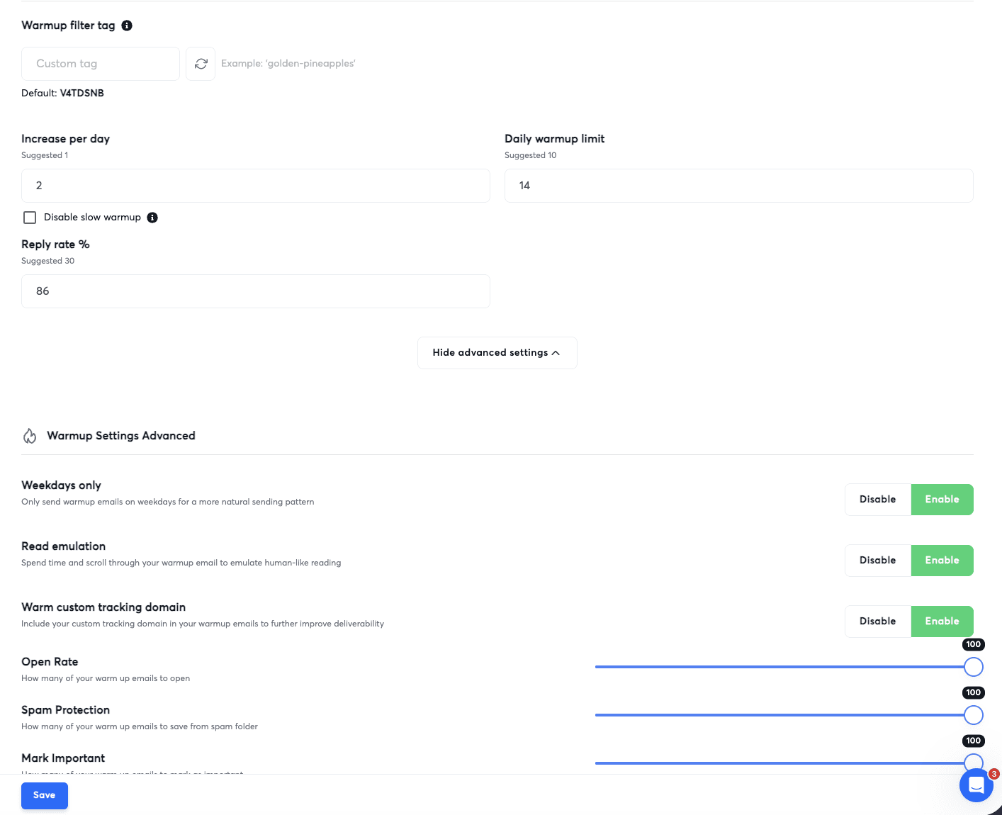 Warmup settings for mailboxes in Instantly.ai