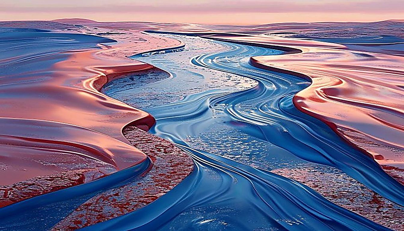 Liquid-metal river splitting into fast-shallow and slow-deep channels, mapping the cost and timeline tradeoffs in Webflow vs custom development.