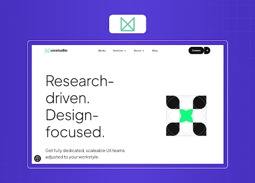 Research-driven UX design agency homepage promoting scalable design teams and user-centered product development.