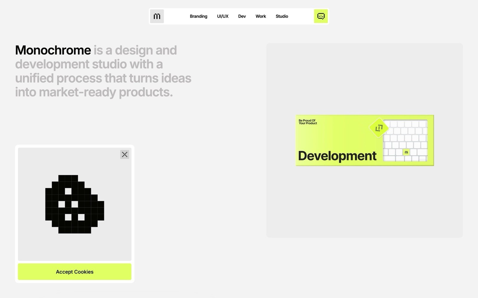 The image shows a minimalist design from the Monochrome studio website, featuring a bold black and white pixel art cookie icon overlayed with a "Accept Cookies" button, and a bright lime green section highlighting the word "Development" on a graph paper background, reflecting a tech-focused theme with keywords in branding, UX/UI design, and development.