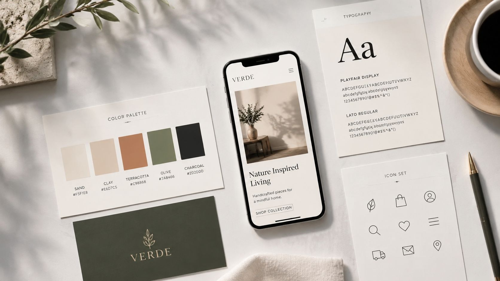A professional branding kit for a nature-inspired home goods company, featuring a mobile mockup, color palette, and typography.