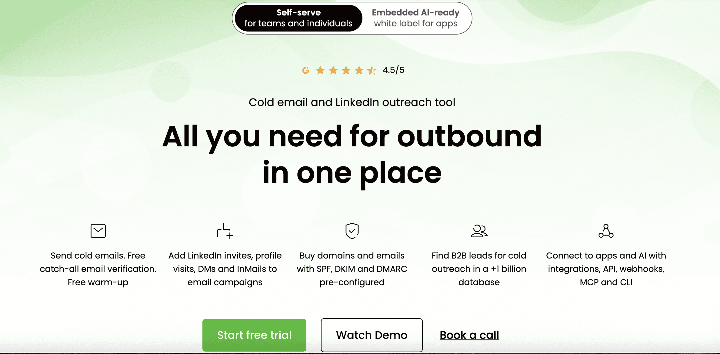 Woodpecker home page laying out five capabilities, from catch-all verification to a billion-contact database