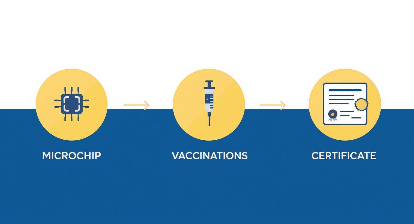 A diagram illustrates a process flow: microchip icon, then vaccinations syringe, leading to a certificate icon.