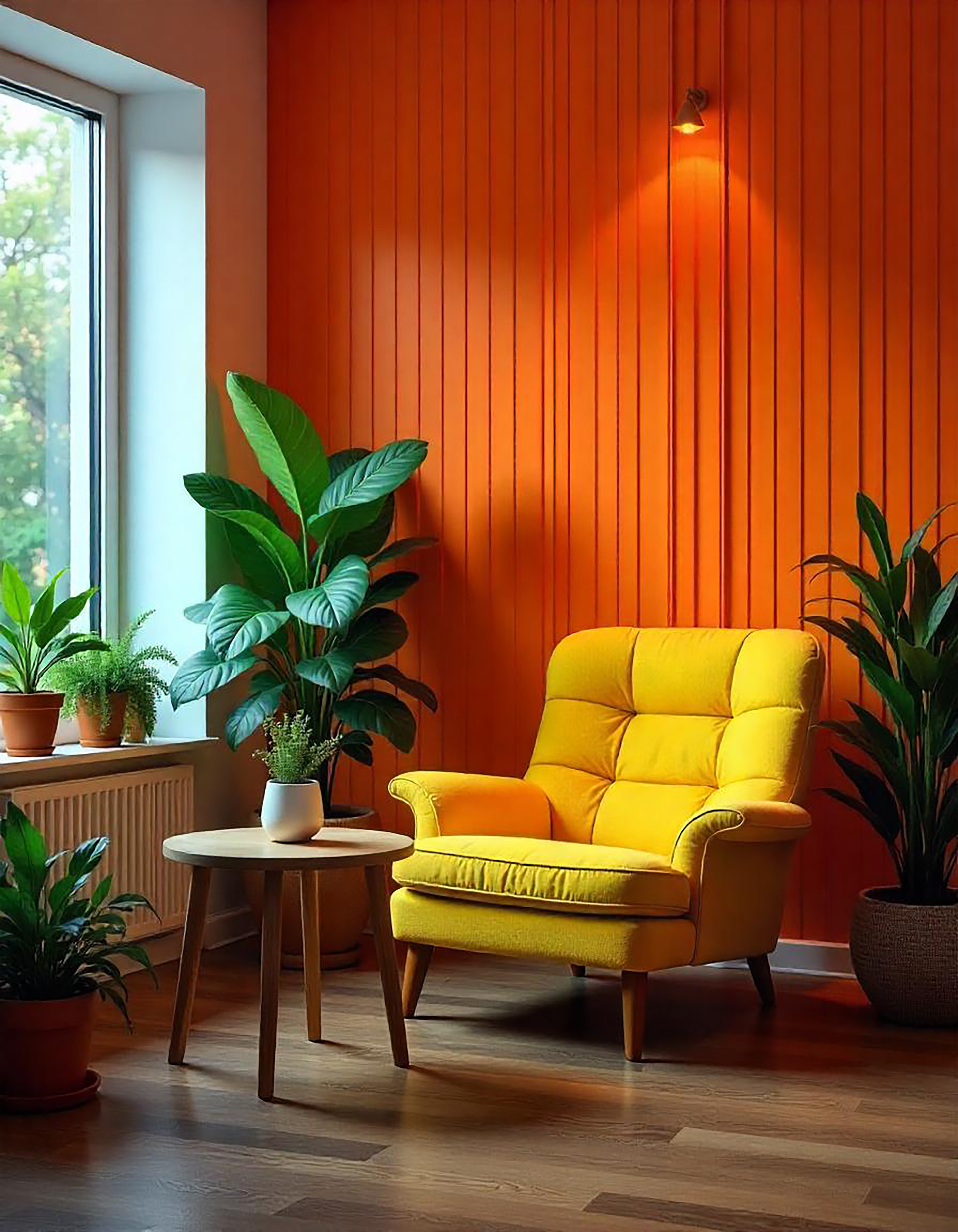 Sunlit modern living room with orange chair, plant.