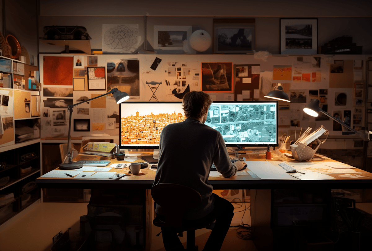 A person sits at a cluttered desk in a dimly lit room, focused on two monitors displaying aerial maps. The walls are covered with various images and notes.