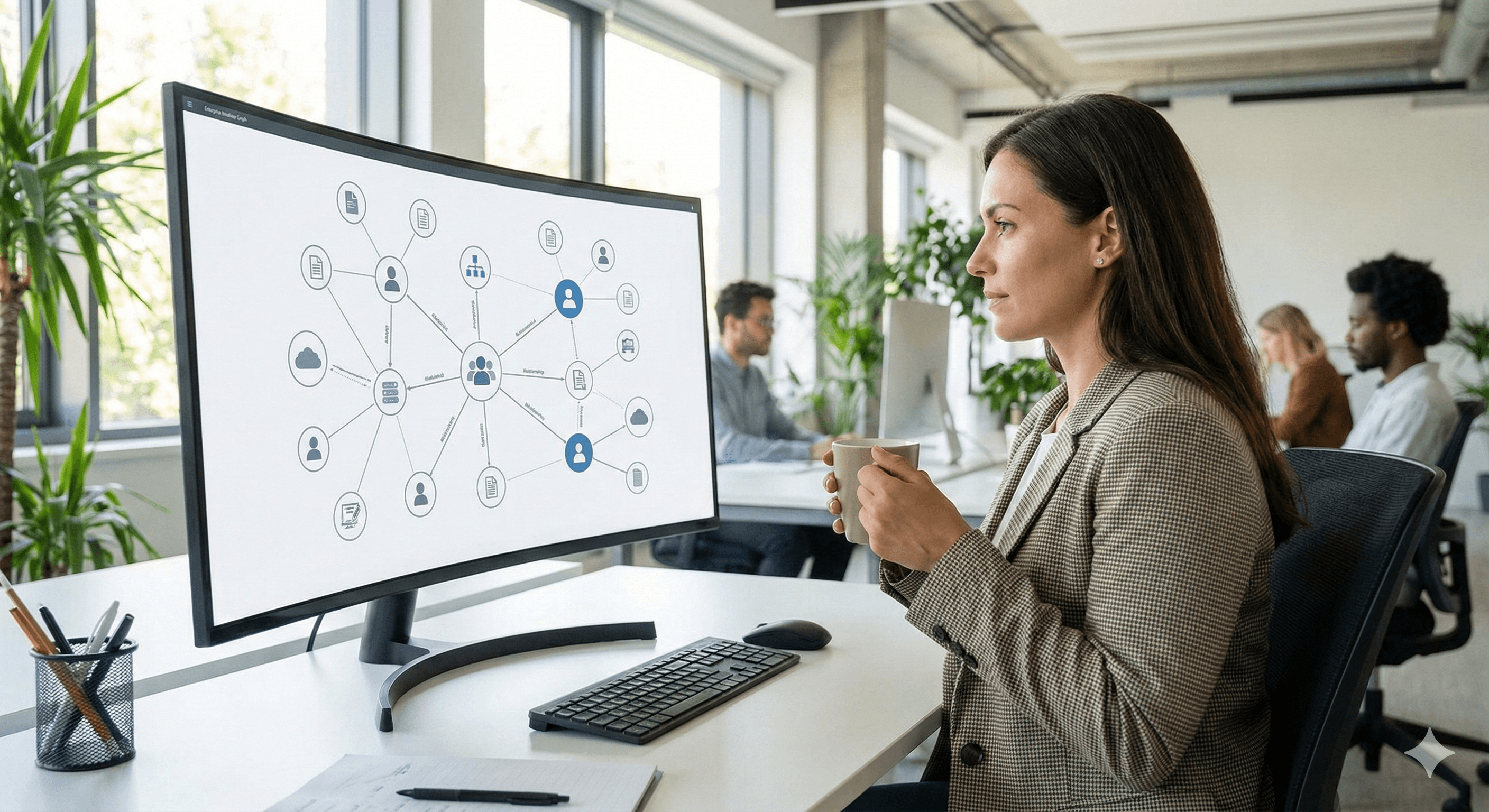 A professional woman in a modern office setting studies a computer monitor displaying a network diagram, representing the concept of "Knowledge Graphs for Enterprise AI," while colleagues work in the background, surrounded by greenery and natural light.
