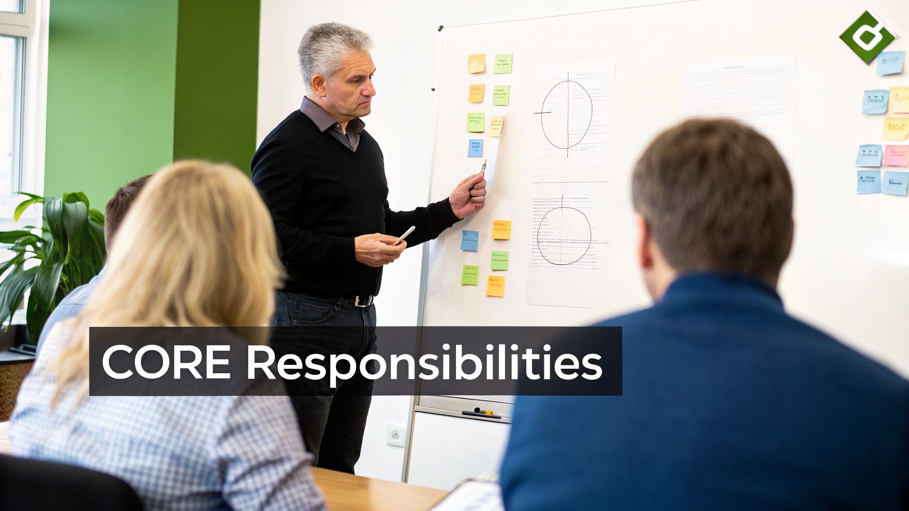 A manager explains core responsibilities on a whiteboard to a group of colleagues.