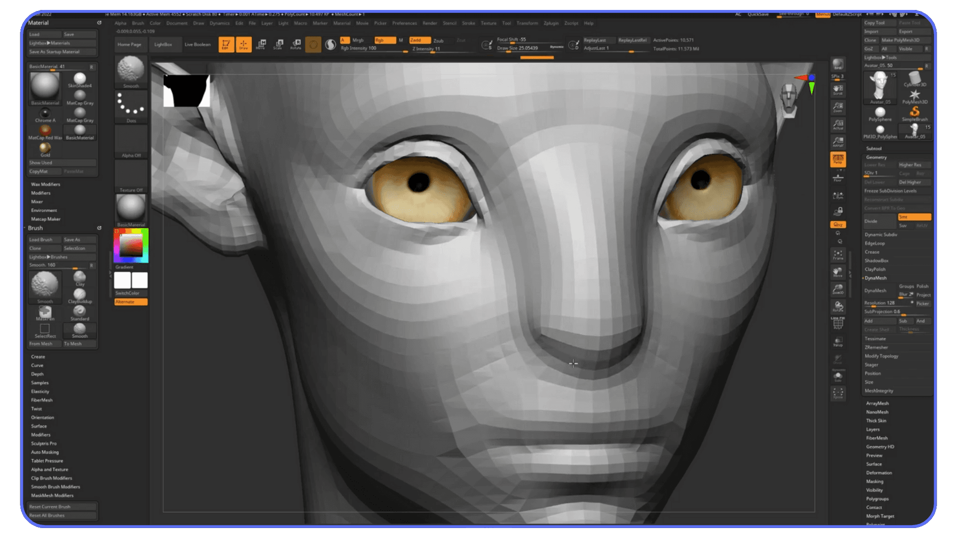 ZBrush viewport focused on a 3D human head model with visible polygonal geometry, demonstrating high-poly sculpting that can strain system resources.