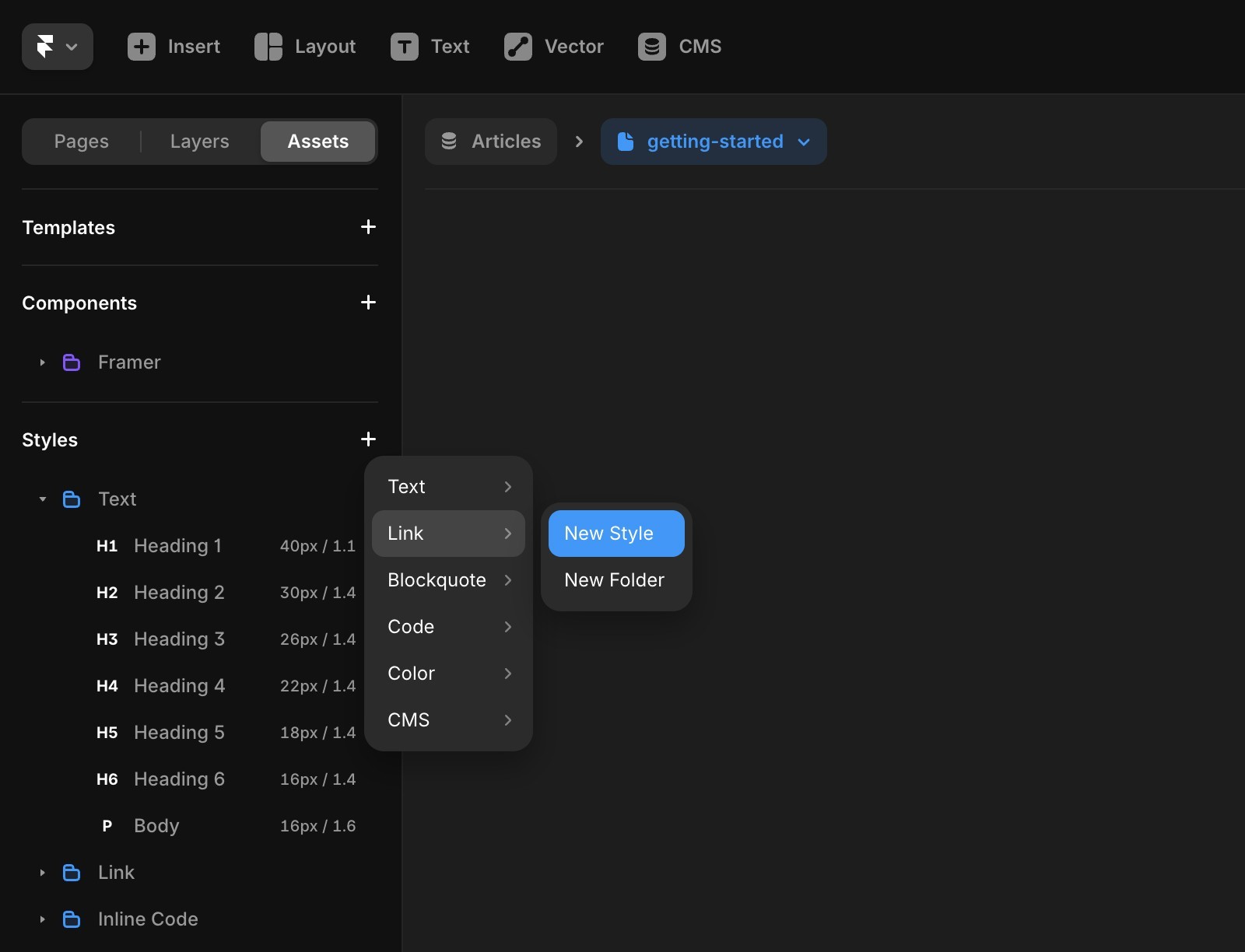 UI showing how to add a link style in the assets panel by clicking the plus icon next to styles