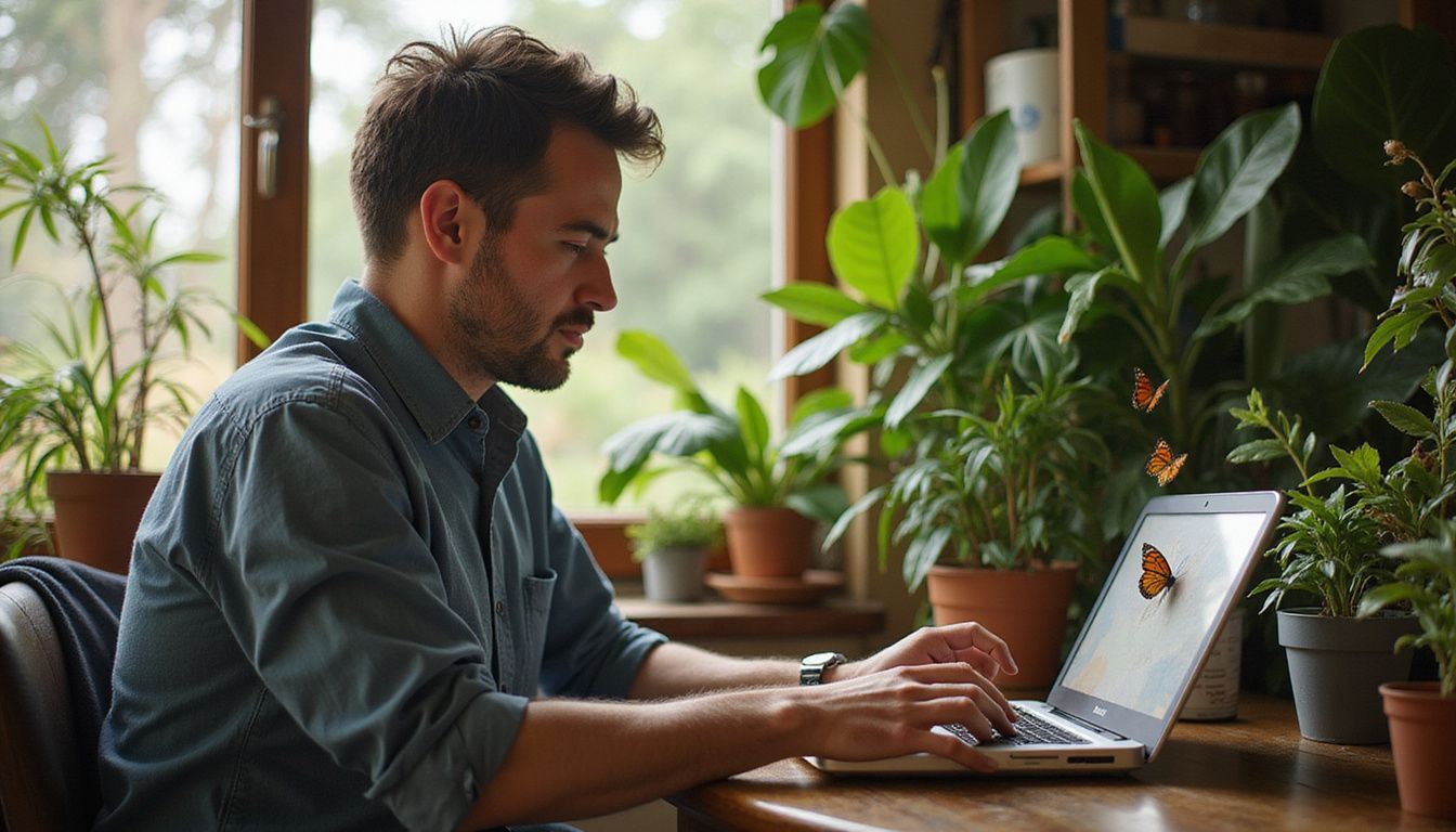 A focused individual works remotely at a cluttered table surrounded by quirky souvenirs and lively houseplants, with butterflies nearby.