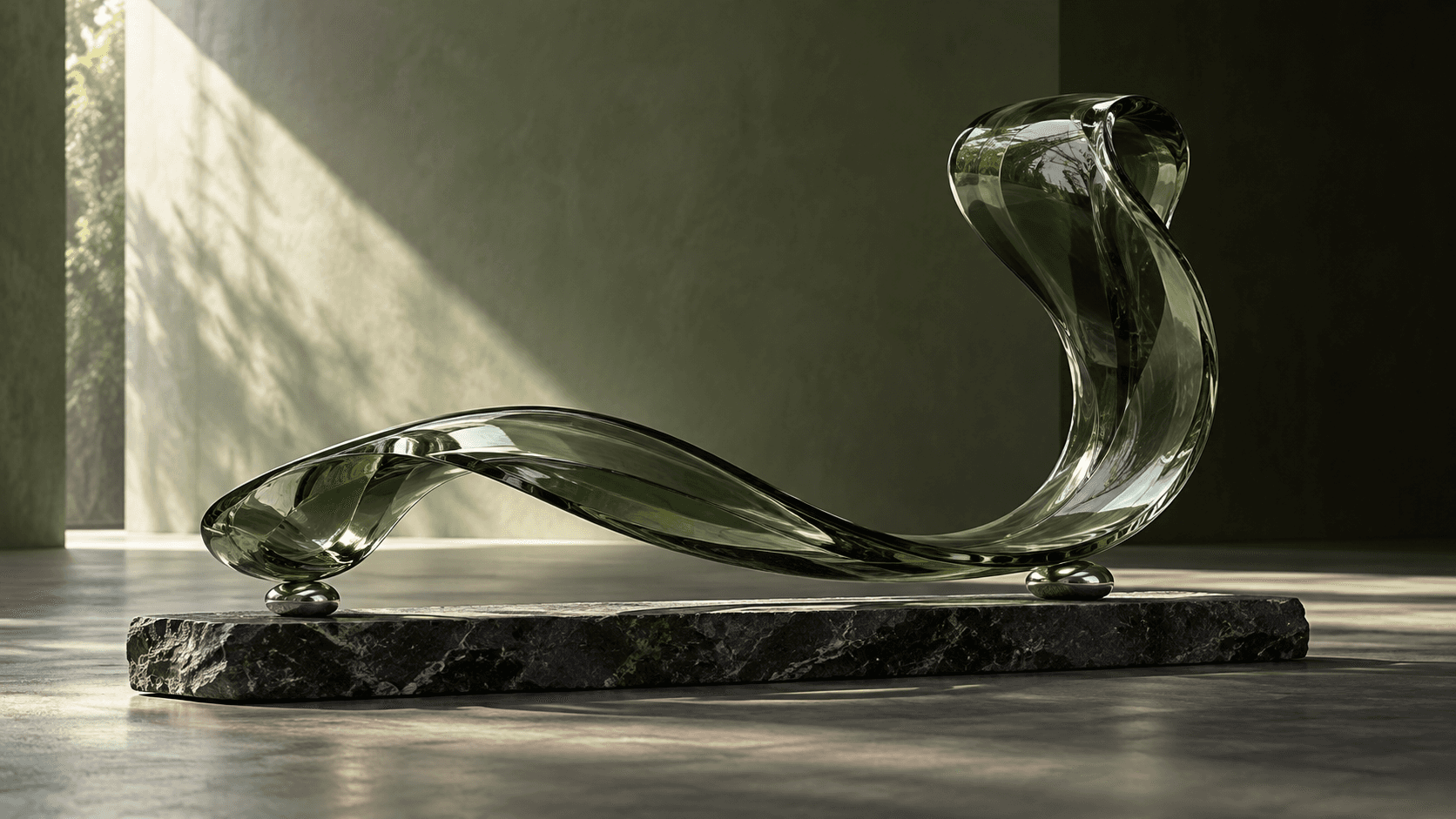 Original flowing green glass sculpture set against mineral surfaces for the fictional Glass Current study.