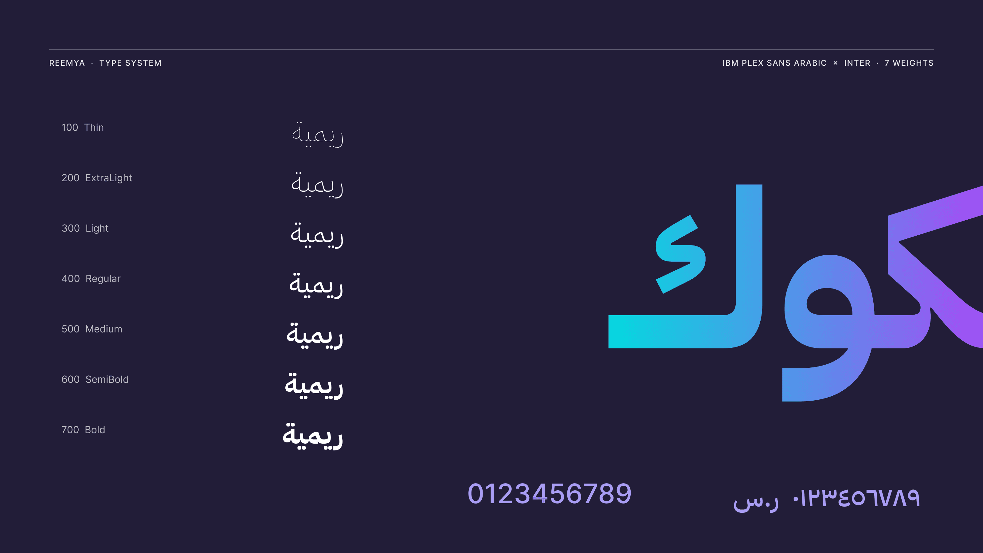 Type specimen: IBM Plex Sans Arabic in seven weights, Sukuk in the brand gradient, numerals with Inter