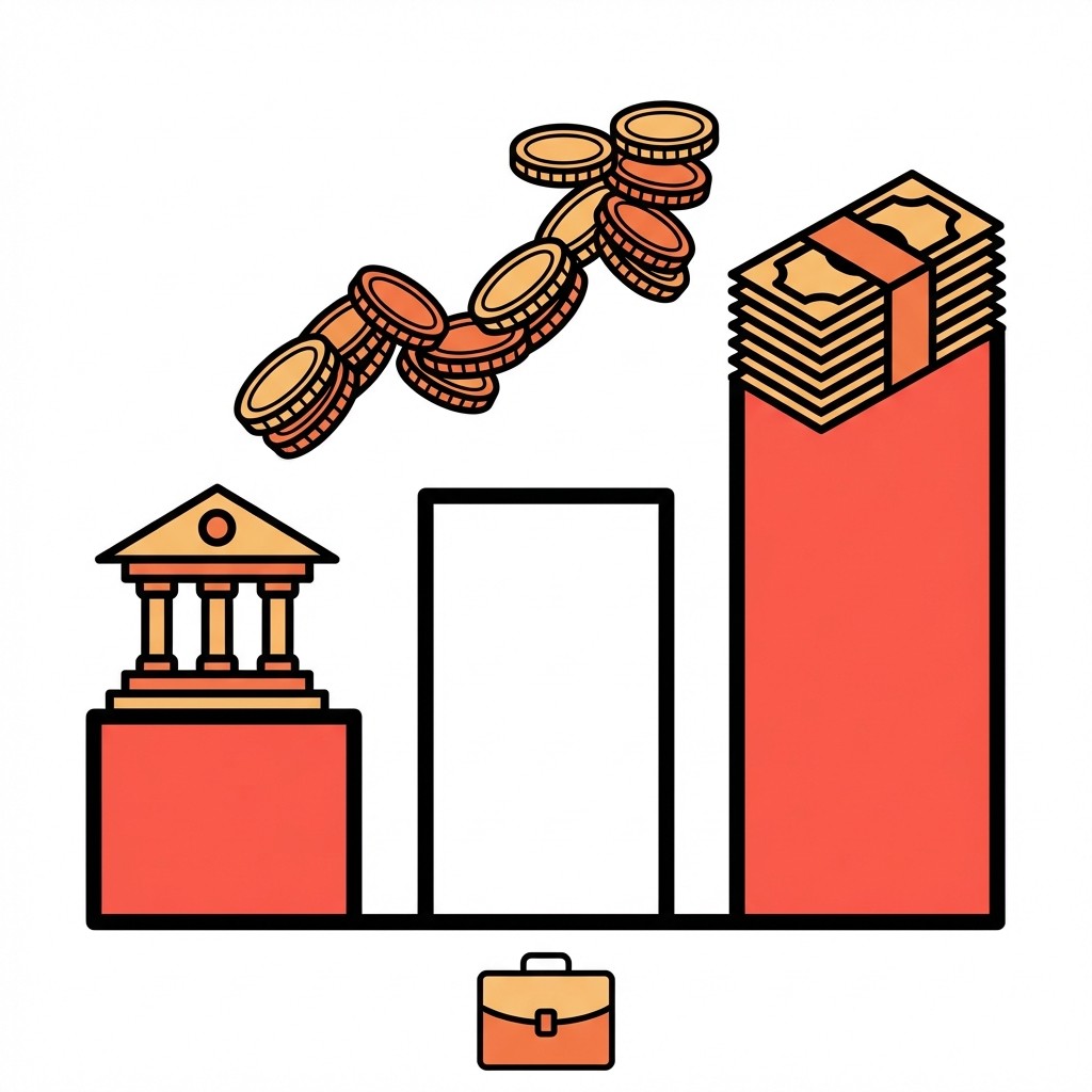 Balkendiagramm symbolisiert Finanzwachstum: Bankgebäude, fliegende Münzen und ein großer Geldstapel auf dem höchsten Balken zeigen Erfolg.