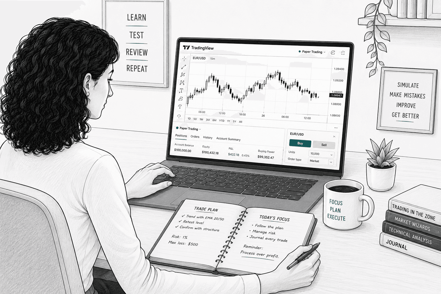 Hand-drawn illustration of a woman with shoulder-length dark curly hair using TradingView Paper Trading at a clean, organized desk. A notebook with a written trade plan, a trading journal, and a coffee cup sit beside the computer, reinforcing that paper trading is a structured learning environment rather than a game.