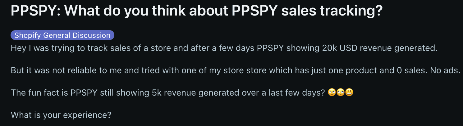 User questioning PPSPY revenue accuracy on Shopify store