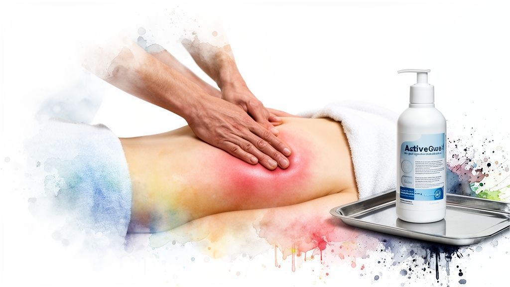 Persona recibiendo un masaje en la espalda con enrojecimiento visible y un producto ActiveGue en una bandeja.
