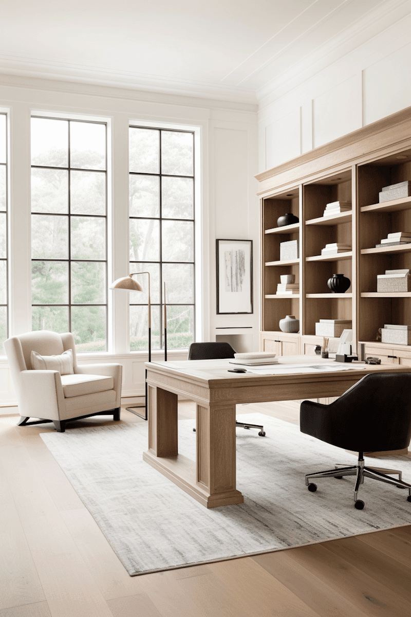 Refined home office with oak desk, built-in shelving, and floor-to-ceiling garden windows