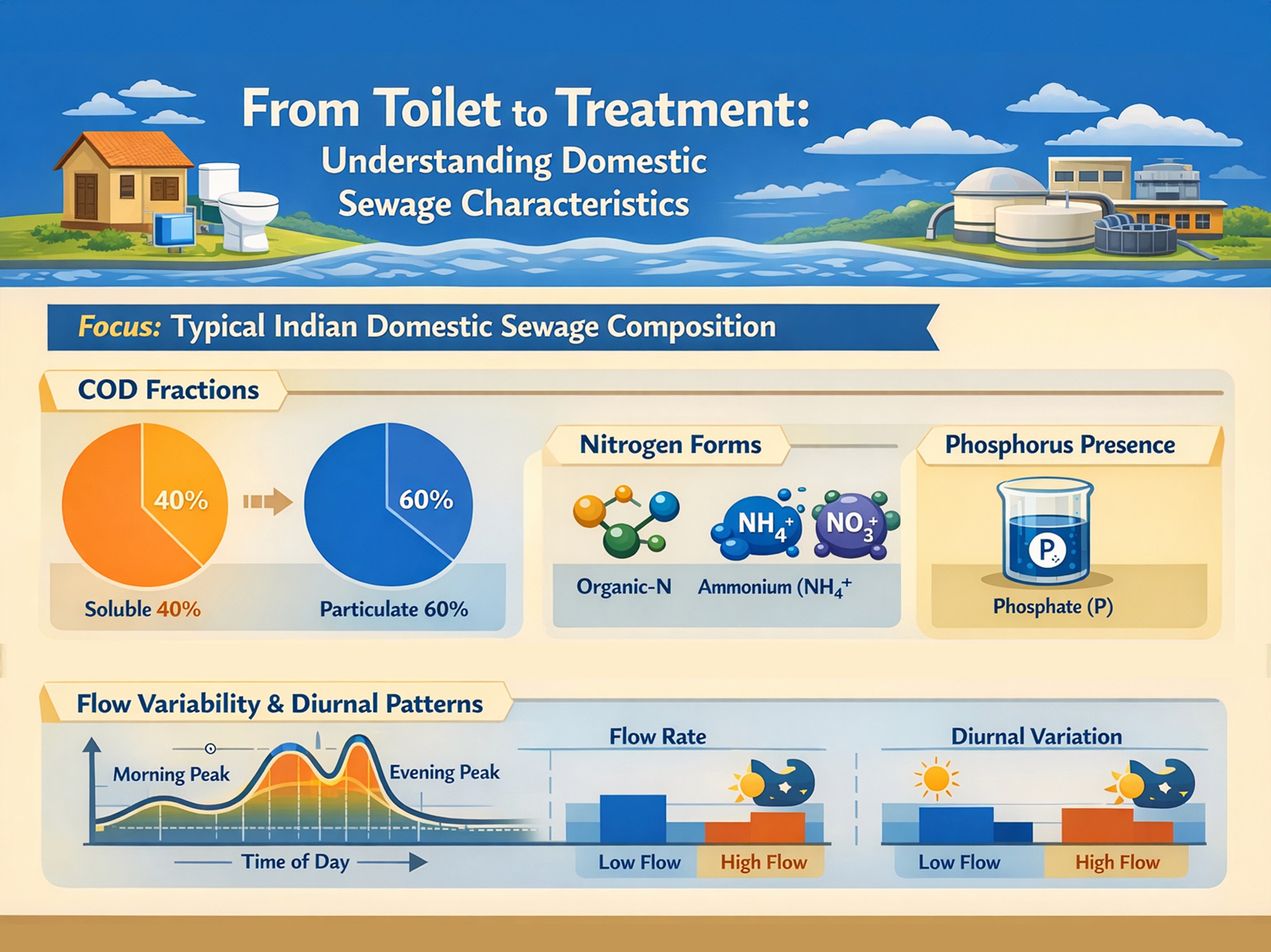 Domestic sewage characteristics showing COD fractions, nitrogen forms, phosphorus presence and flow variation.