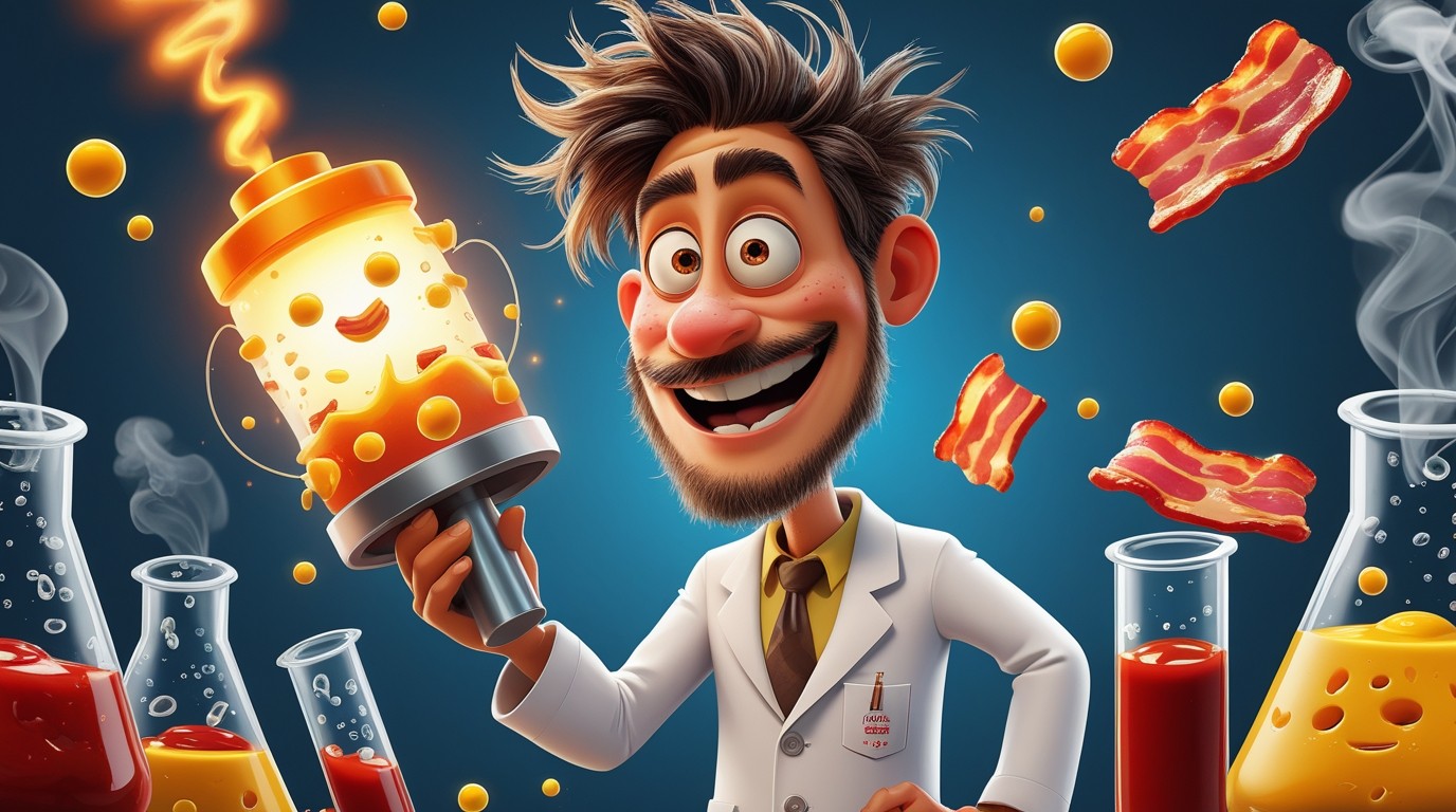 A crazy but friendly cartoon scientist with messy hair, wearing a white lab coat, holding a giant glowing RSS EXTRACTOR