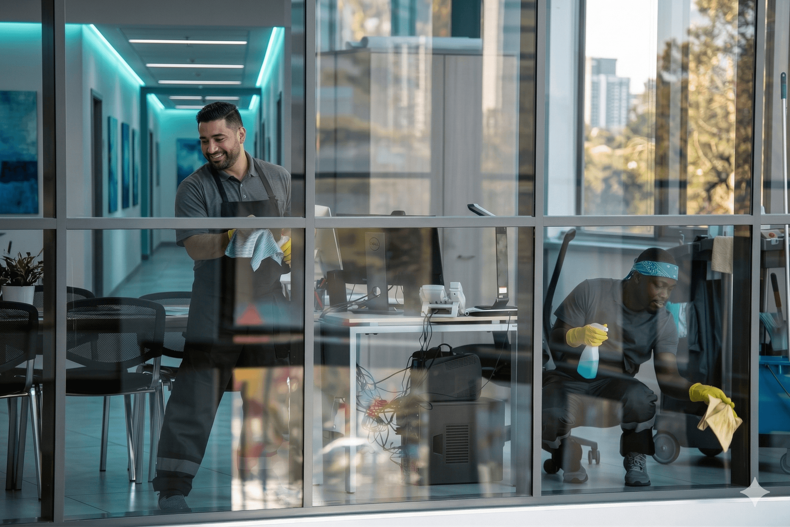 Deux agents d'entretien nettoient des bureaux modernes à travers des cloisons vitrées.