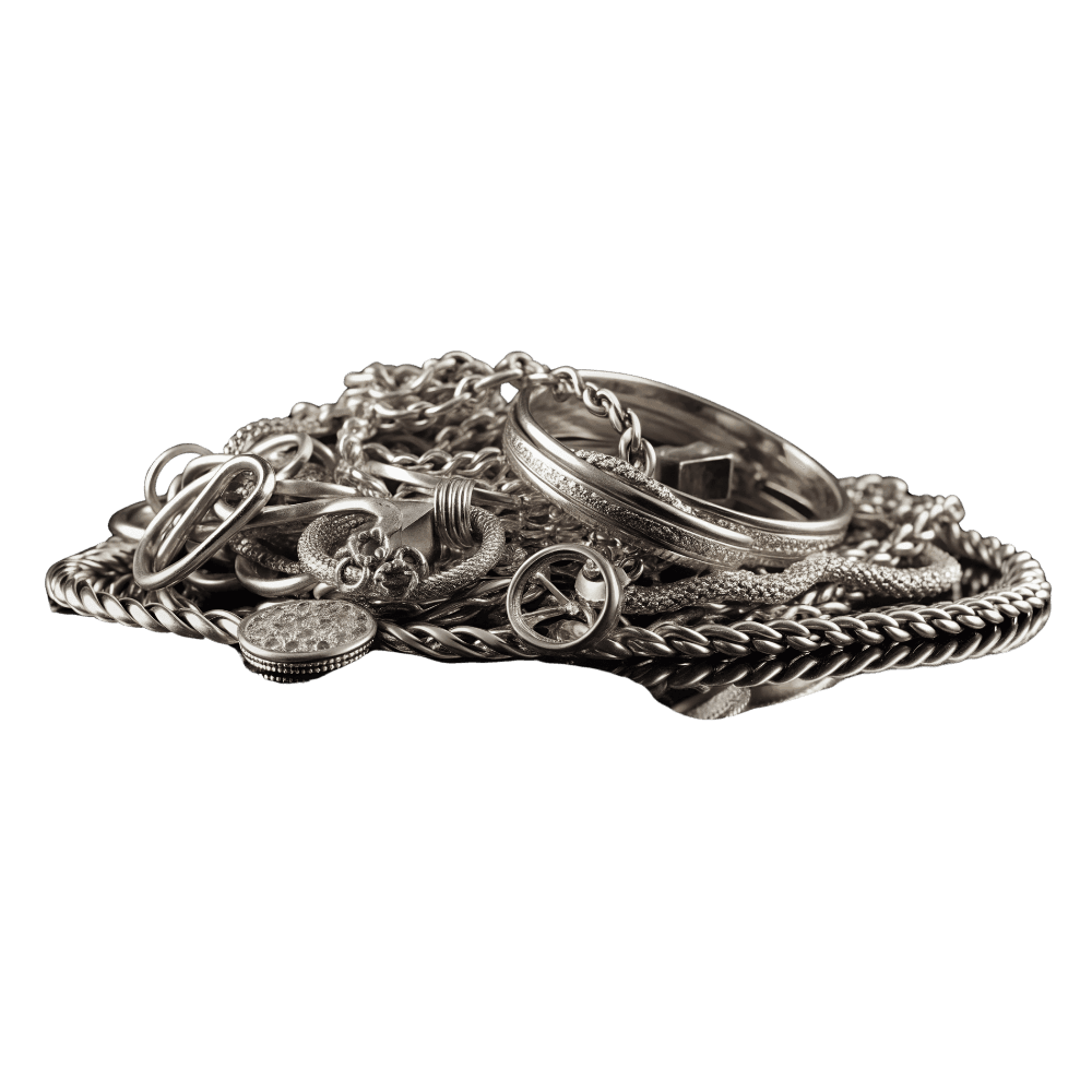 Bulk sterling silver scrap jewelry and bullion representing silver buyback and refining capabilities.