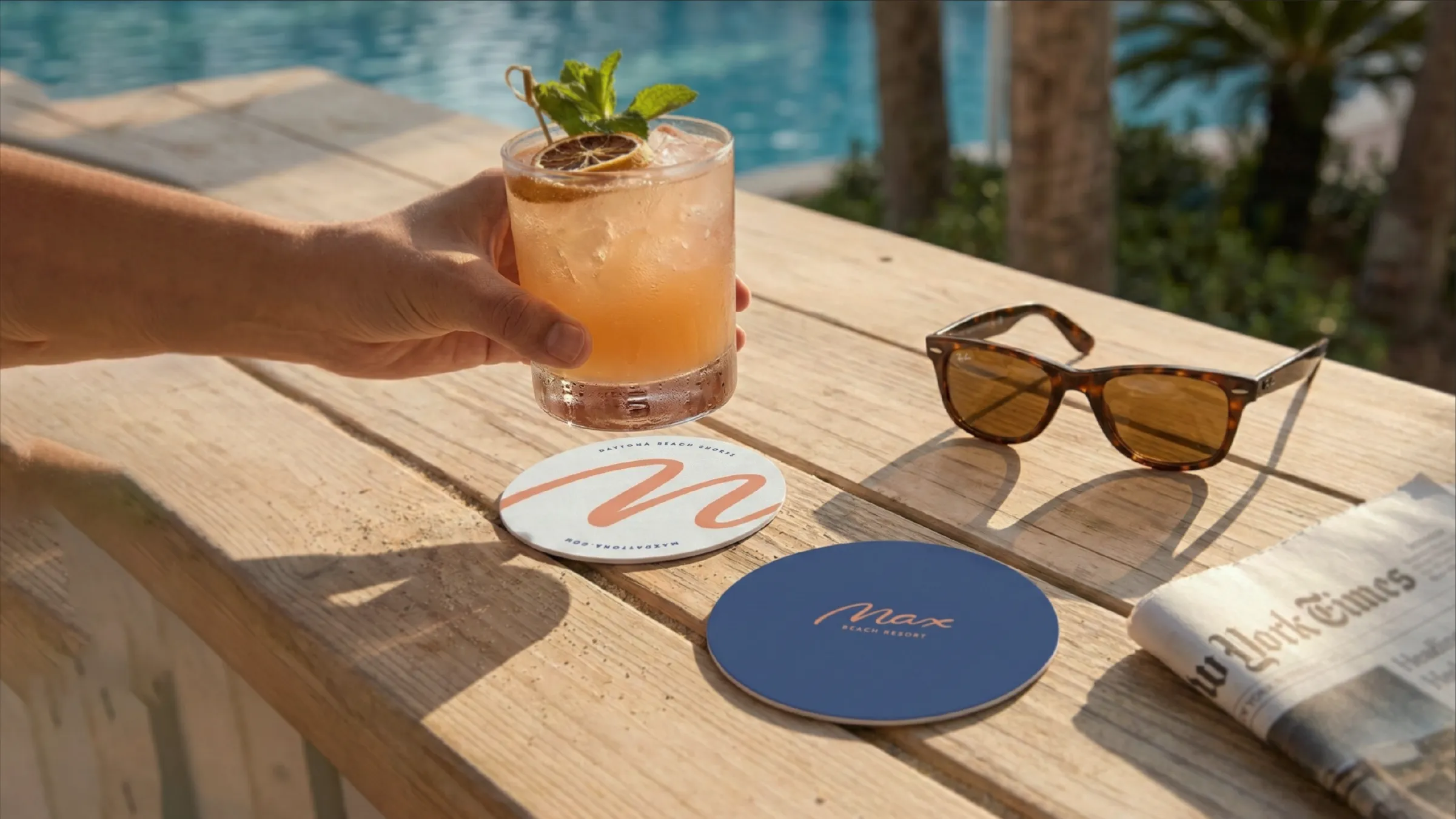 Coasters on a wood counter top outsisde