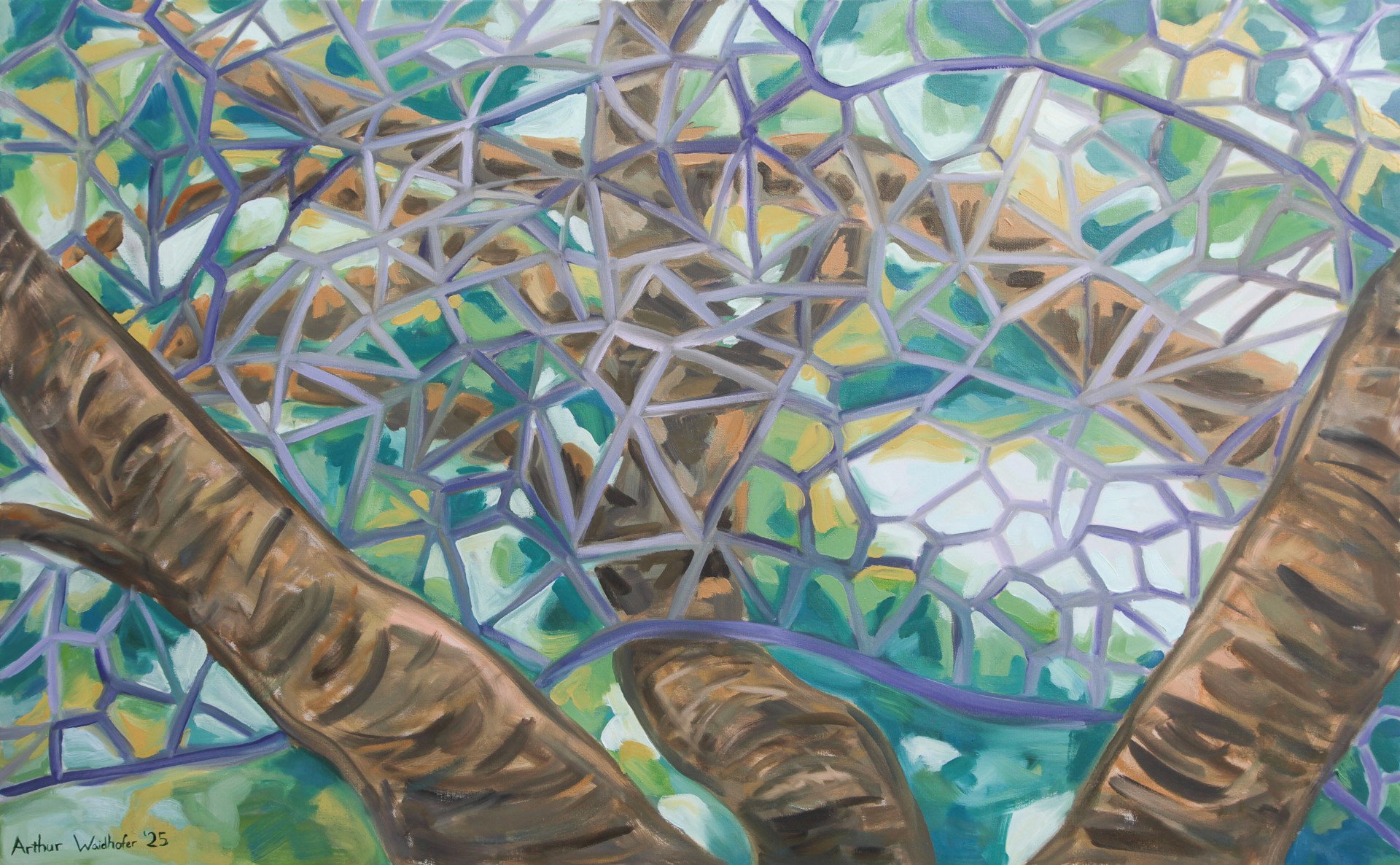 An abstracted view of a purple net strung high in an oak tree