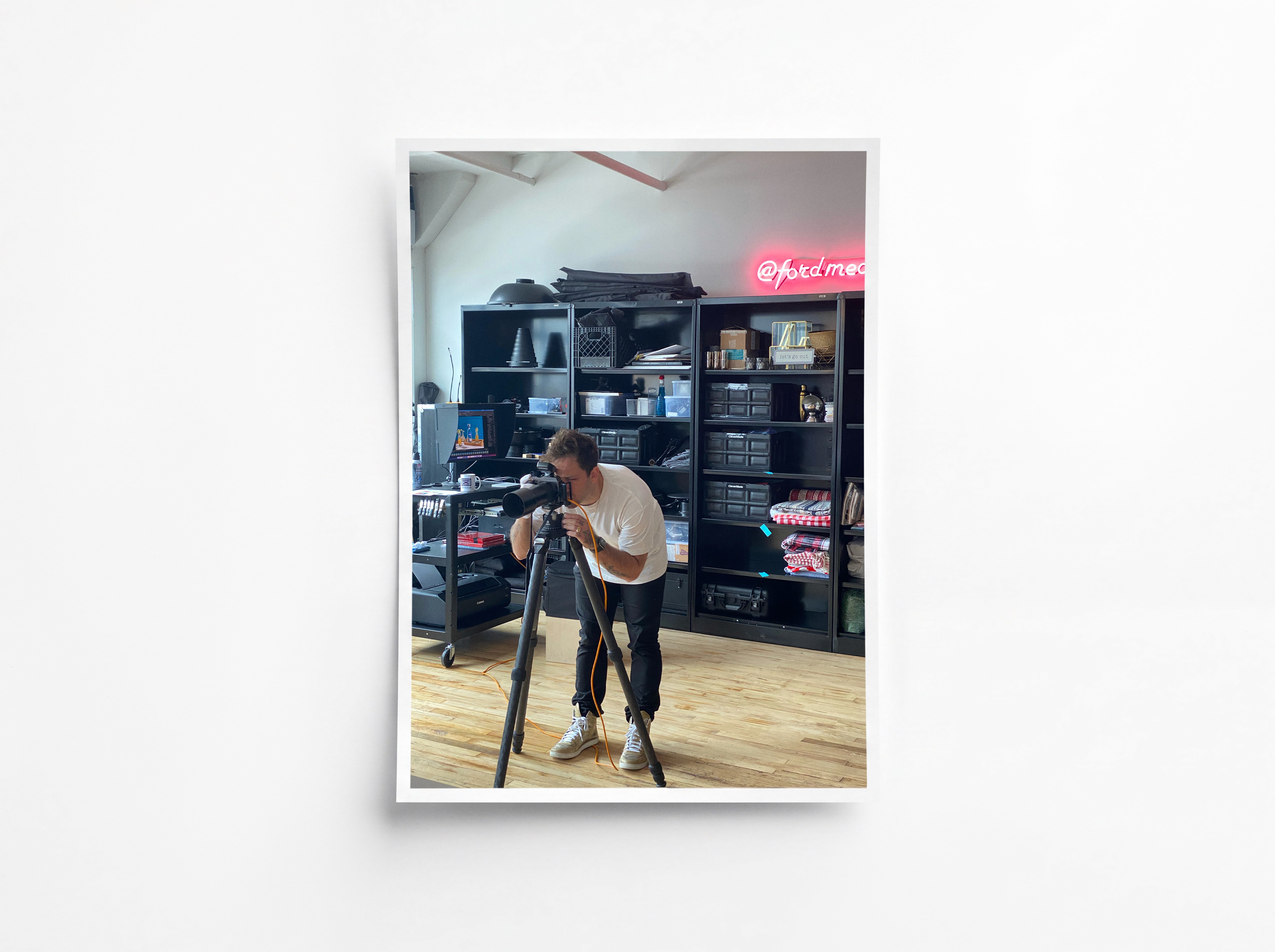 Kyle Ford behind the camera during a remote shoot for 1800 Tequila at the Ford Media Lab studio in Greenpoint, September 2021, with the client directing via live feed.