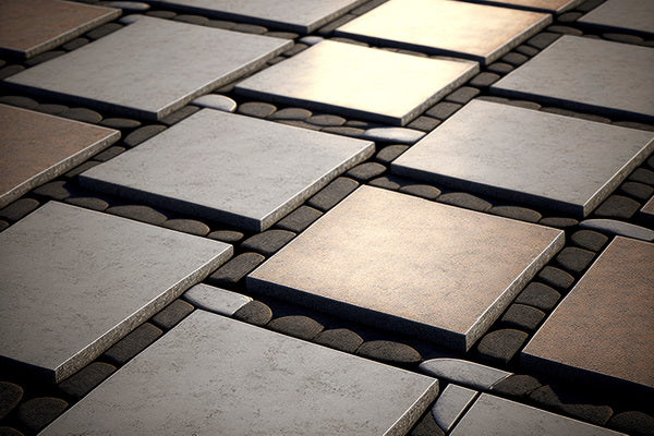 BrandingWorks 地板材料：高品質戶外方形地磚配搭深色石卵鋪設效果，適合香港家居園藝、露台及室外裝修設計。