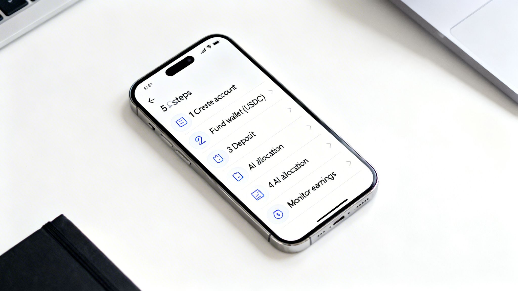 An iPhone displays a 5-step process for crypto yield, including funding and AI allocation.