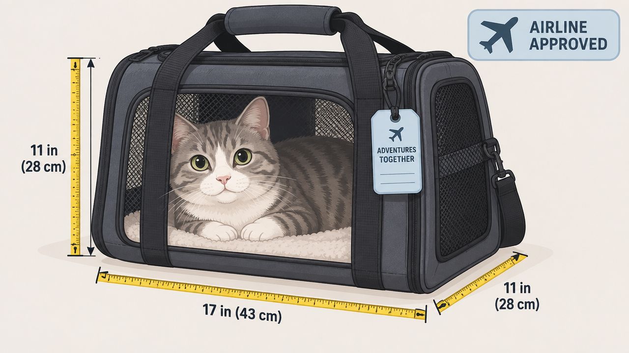 A gray soft-sided pet carrier containing a tabby cat with specific dimensions labeled for airline travel.