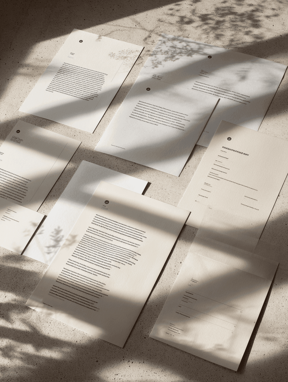 Scalable brand system components arranged in a structured, minimal layout