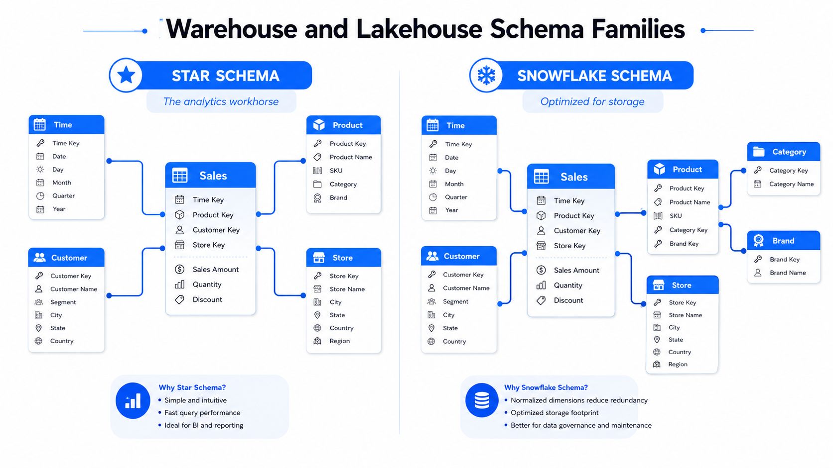 A diagram comparing star schema and snowflake schema structures for warehouse and lakehouse database modeling.