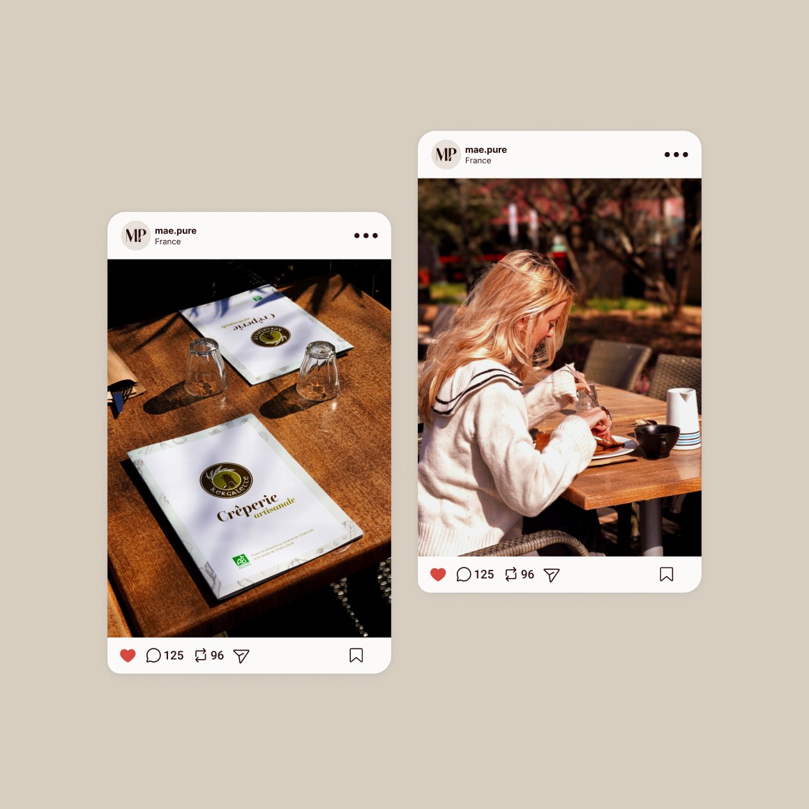 Exemple de publication instagram. 1er écran : on voit la carte du retaurant en terasse. 2è écran : une femme mange sa crêpe avec une tasse de café.