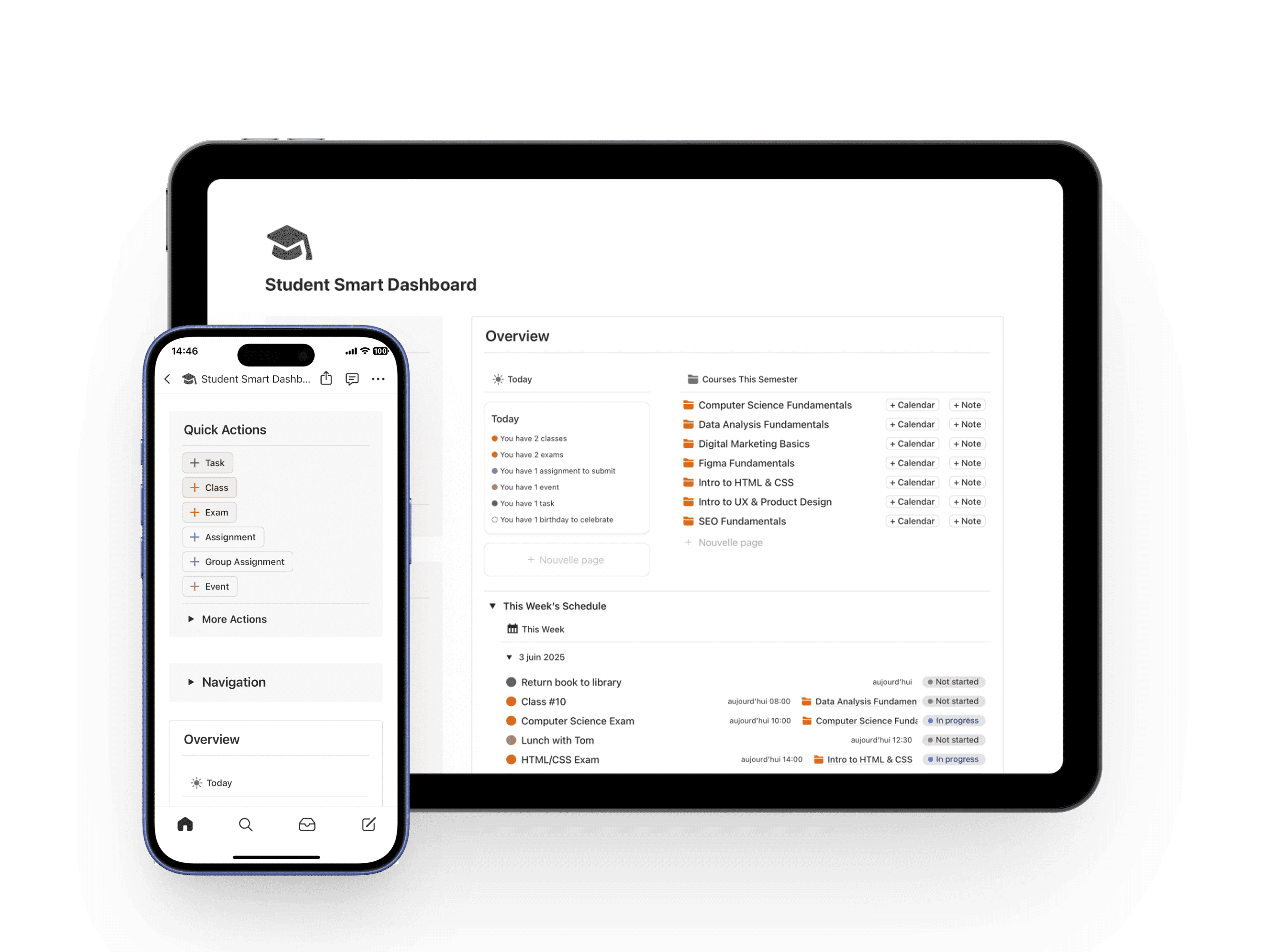 An iPad and an iPhone both showing the home page of the Student Smart Dashboard Notion template