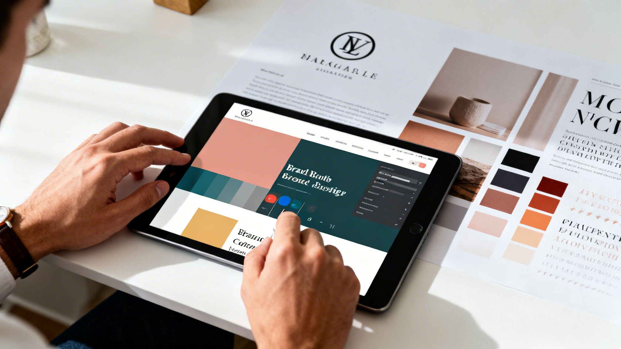 Close-up of a person designing a website on a tablet with branding materials on a desk.